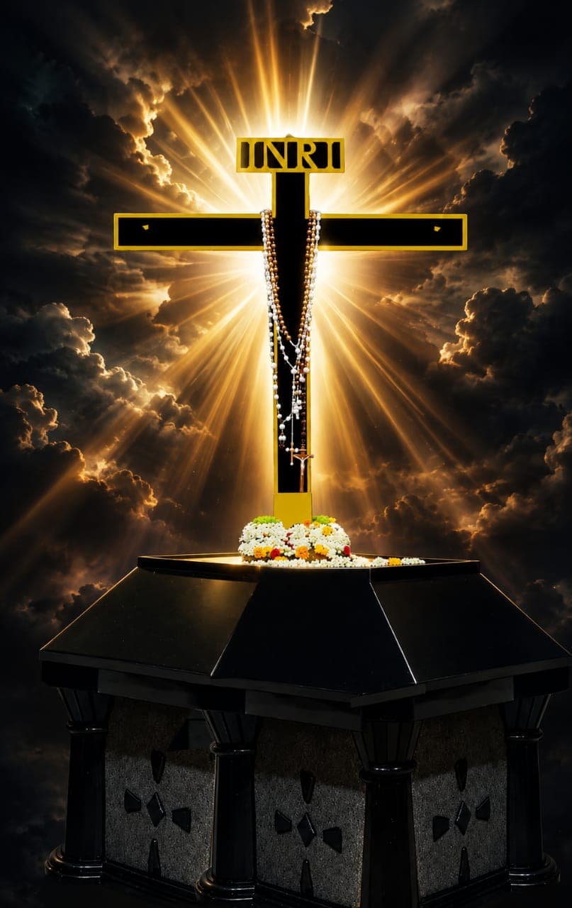 The Holy Cross on its granite pedestal, hung with rosaries